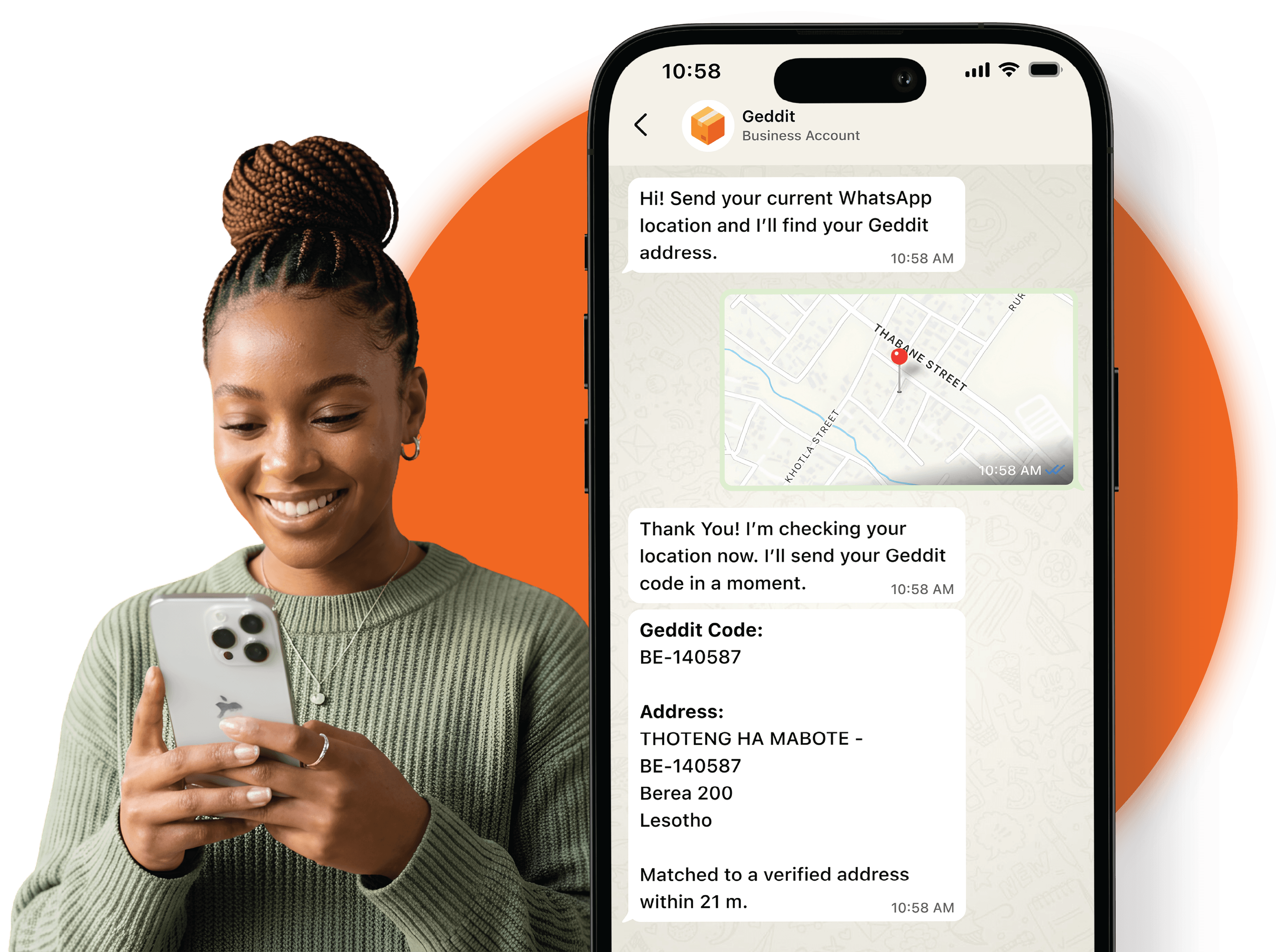 Resident smiling while using Geddit on her phone via WhatsApp